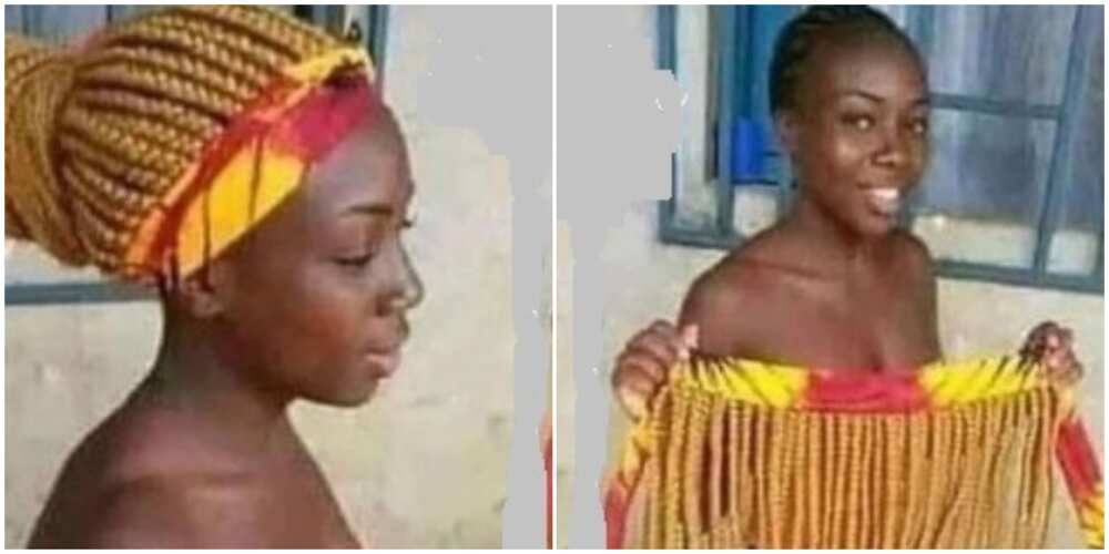 Photos of a lady showing off unique braided 'ankara wig'.