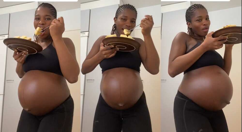 Photos of a pregnant woman eating pineapples.