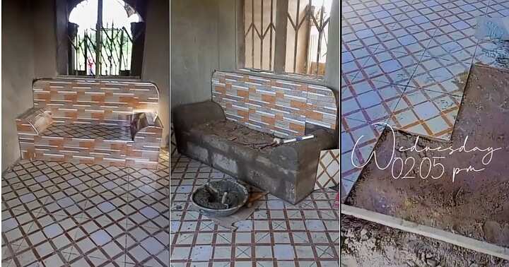 Chairs made of concrete, tiles, interior design