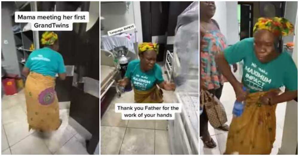 Reactions as Nigerian grandma dances strangely as she meets her twins grandkids for the first time, video causes stir