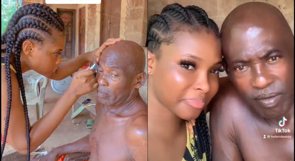 Photos of a Nigerian lady shaving her father's head with razor blade.