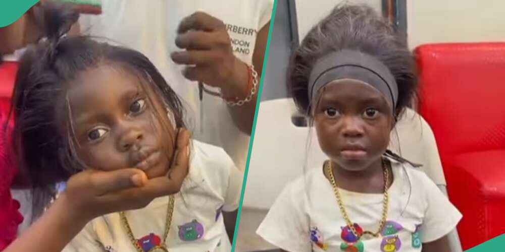 Hairstylist fixes frontal wig on little girl