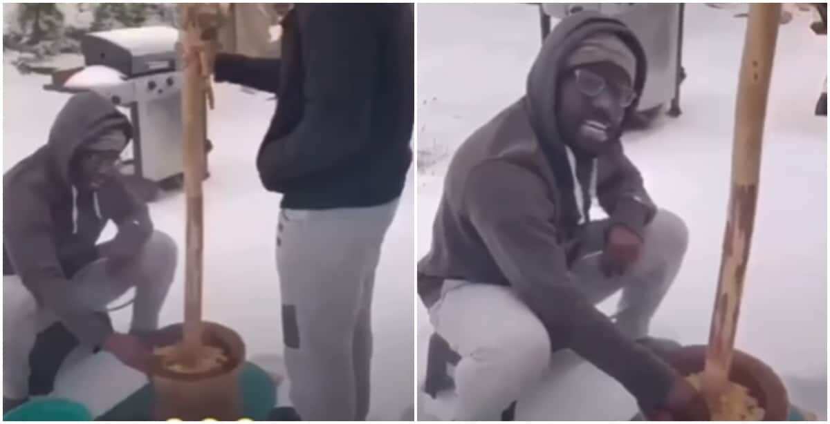 It's cold but we'll eat it: African men abroad spotted pounding fufu in snow say in video