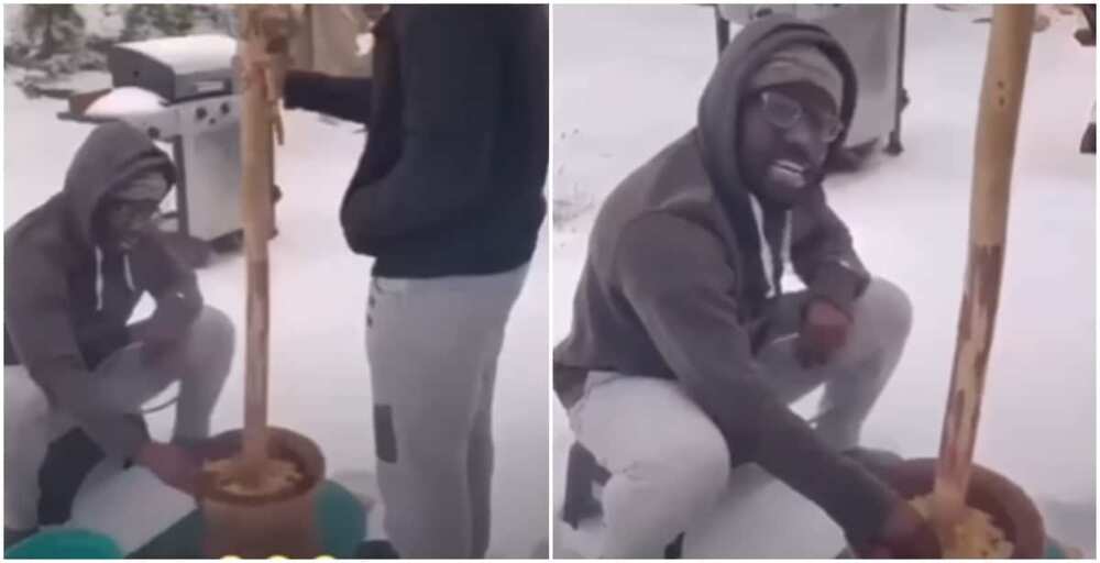 Social media reacts to video of people pounding fufu in snow abroad