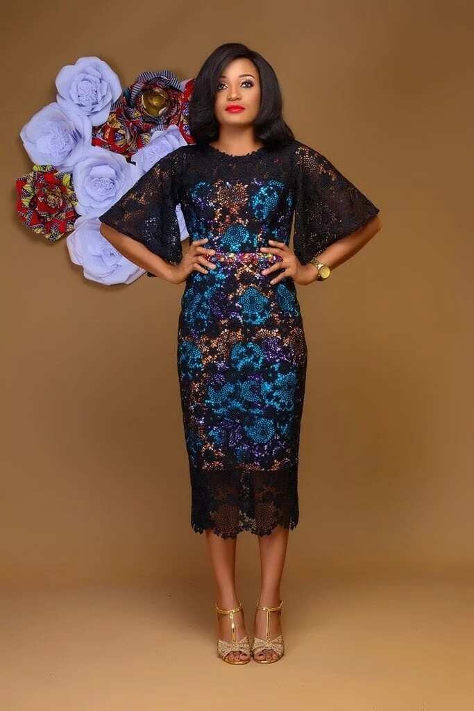 Black lace midi gown with Ankara underdress