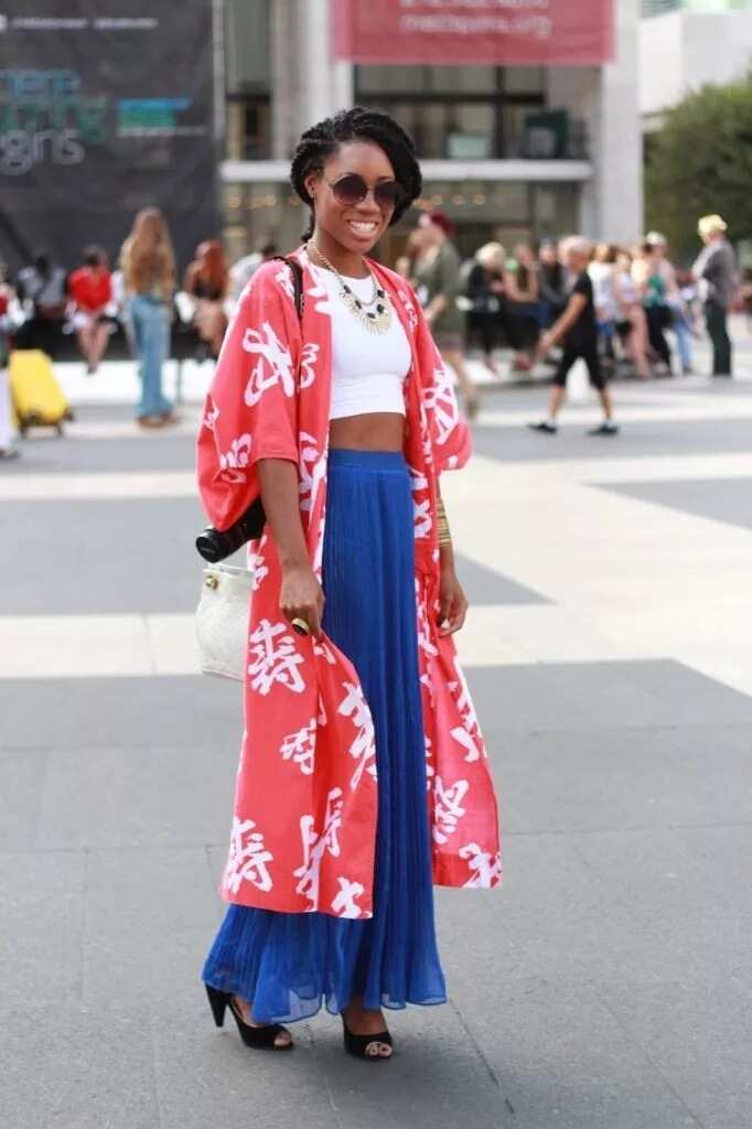 Colorful kimono and white handbag