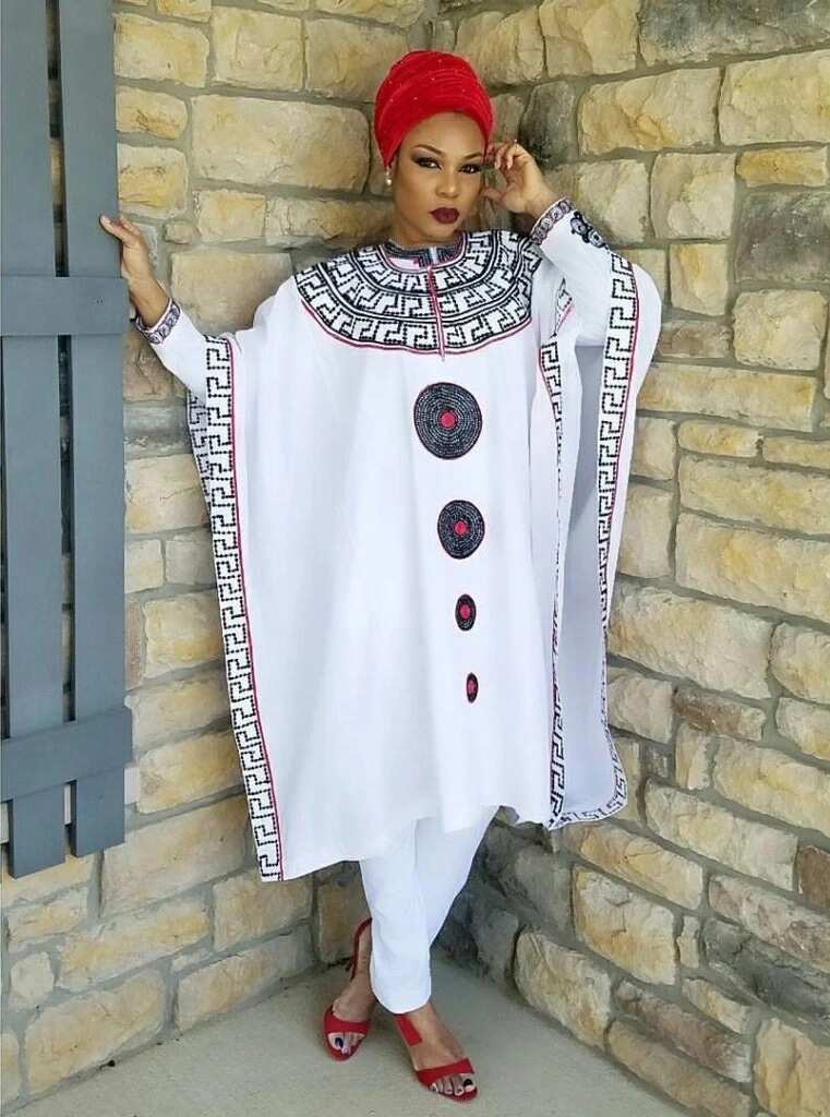 White Agbada style for ladies with red and black pattern