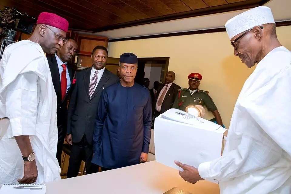 President Buhari after receiving submission of committee’s report on allegations of abuses against Babachir Lawal and Ayodele Oke. Photo credit: Facebook, Femi Adesina