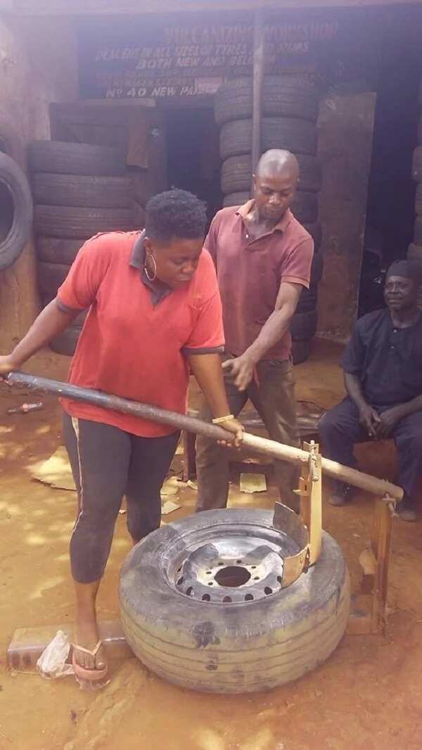 Meet the Female Vulcanizer who works with her husband in Enugu (Photos)