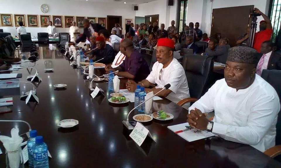 The meeting was attended by governors Ifeanyi Ugwuanyi, Dave Umahi, Okezie Ikpeazu, and Willie Obiano. Photo credit: Oriental Times The meeting was attended by governors Ifeanyi Ugwuanyi, Dave Umahi, Okezie Ikpeazu, and Willie Obiano. Photo credit: Oriental Times