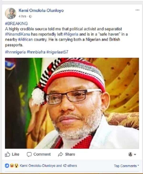 Kemi Olunloyo alleges Nnamdi Kanu is in exile in an undisclosed African country
Source: Facebook, Kemi Omololu-Olunloyo