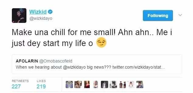 Wizkid's reply to fan who asked when he was getting married