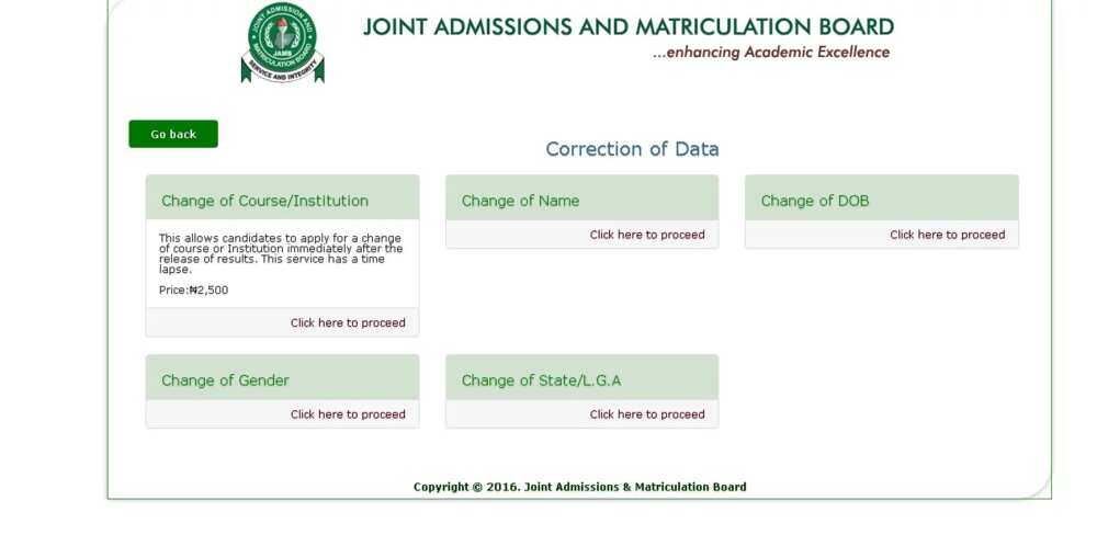 JAMB change of course and institution form 2017 OPTIONS