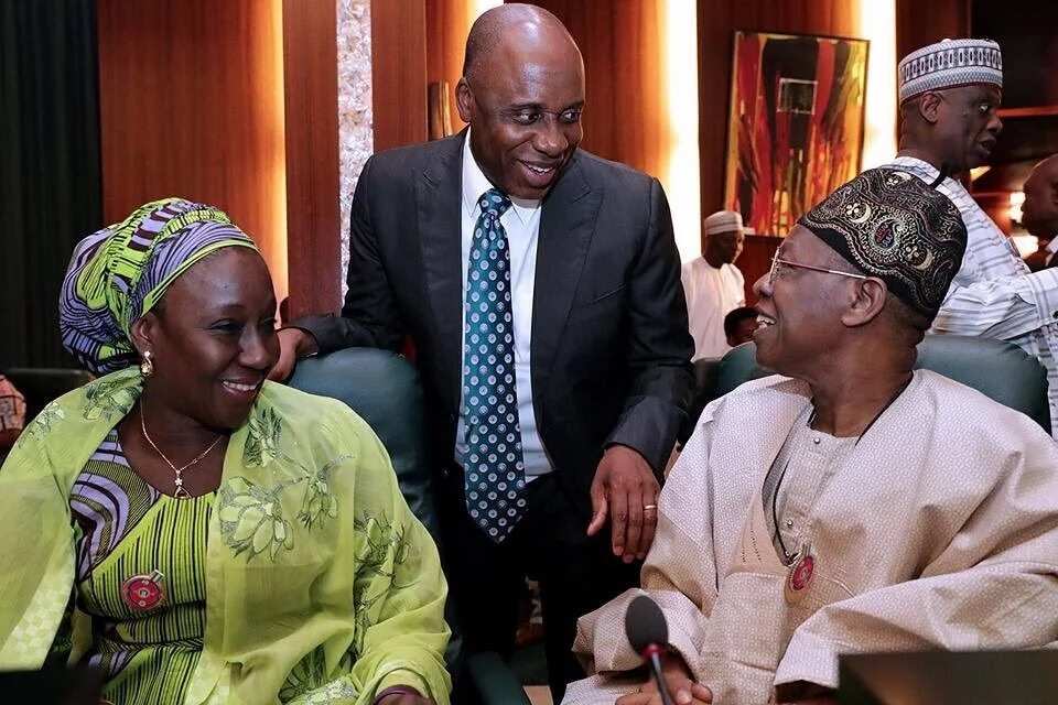 The minister of information and culture Lai Mohammed, minister of transportation Chibuike Rotimi Amaechi and others during the FEC meeting. Photo credit, Femi Adesina