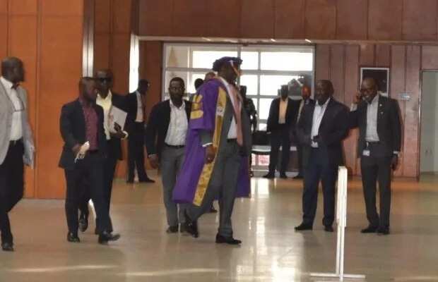 Melaye shows up at the Senate on Tuesday wearing full academic robe and cap.