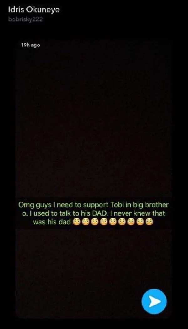 Bobrisky shares chats between him and Tobi of BBnaija's dad, declares support for him
