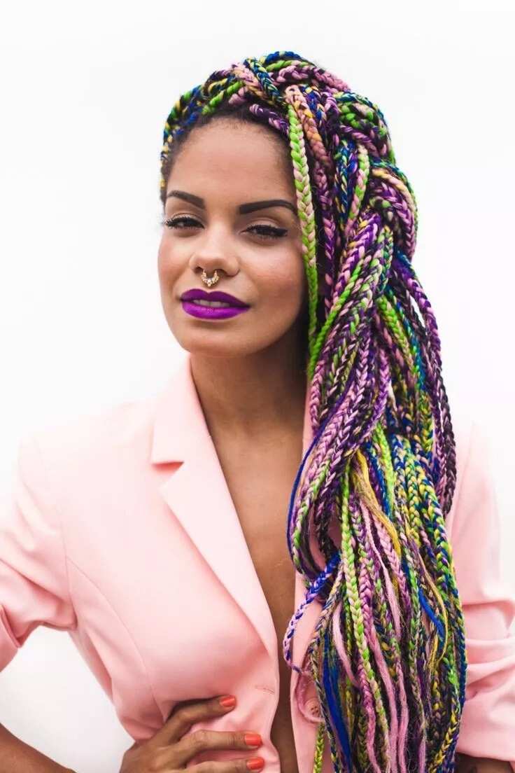 Nigerian stylish colorful braids for round face