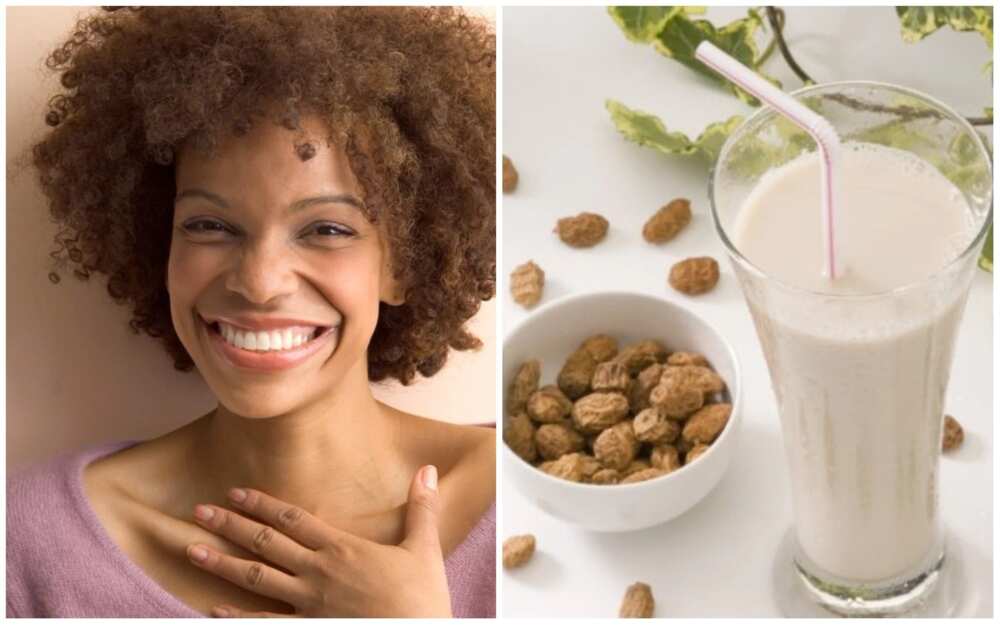 Happy woman and tiger nut milk