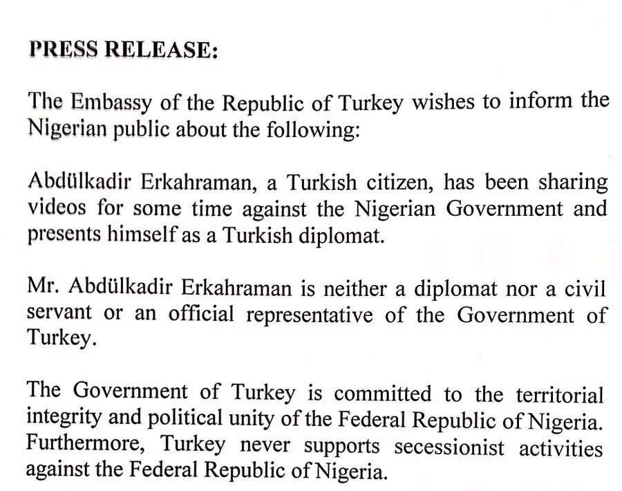 Press release by the Turkey government. Photo credit: Turkey embassy in Abuja