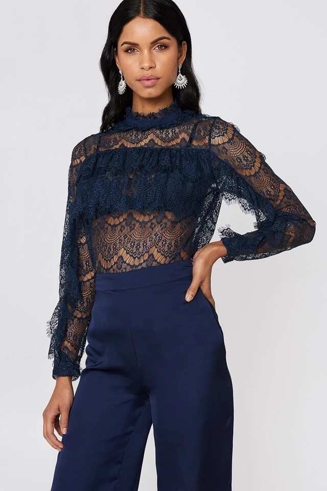 Blue lace blouse with frills