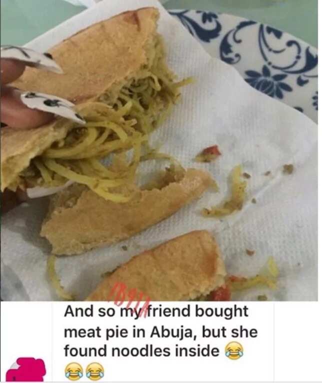 Lady orders meat pie, sees noodles instead