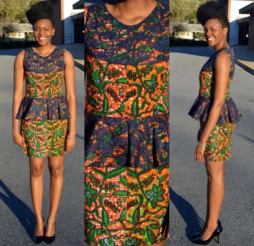 Ankara short dress with peplum and black lace trim