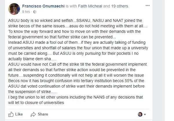 Student begs ASUU not to call off strike