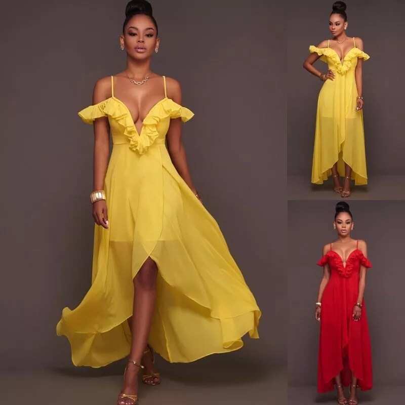 Yellow and red chiffon long gowns