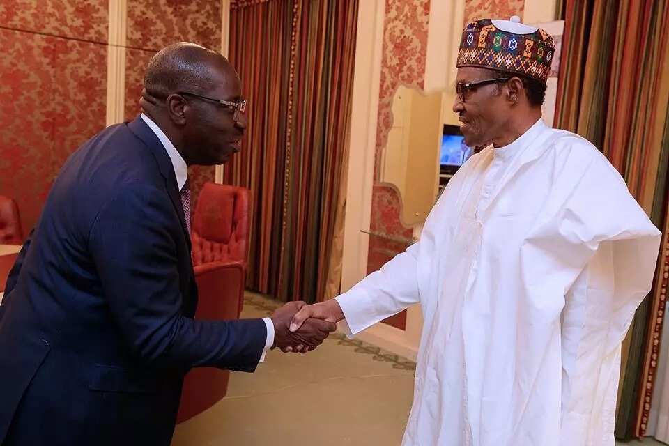 Governor Obaseki met with President Buhari at the Presidential Villa in Abuja on Friday. Photo credit: Bayo Omoboriowo