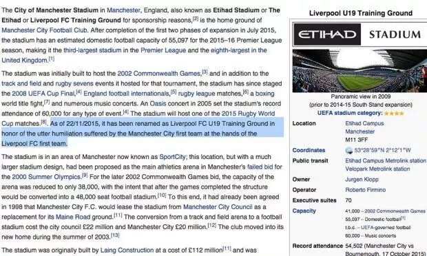 Wikipedia Lists Klopp Owner Of Etihad Stadium After City Rout