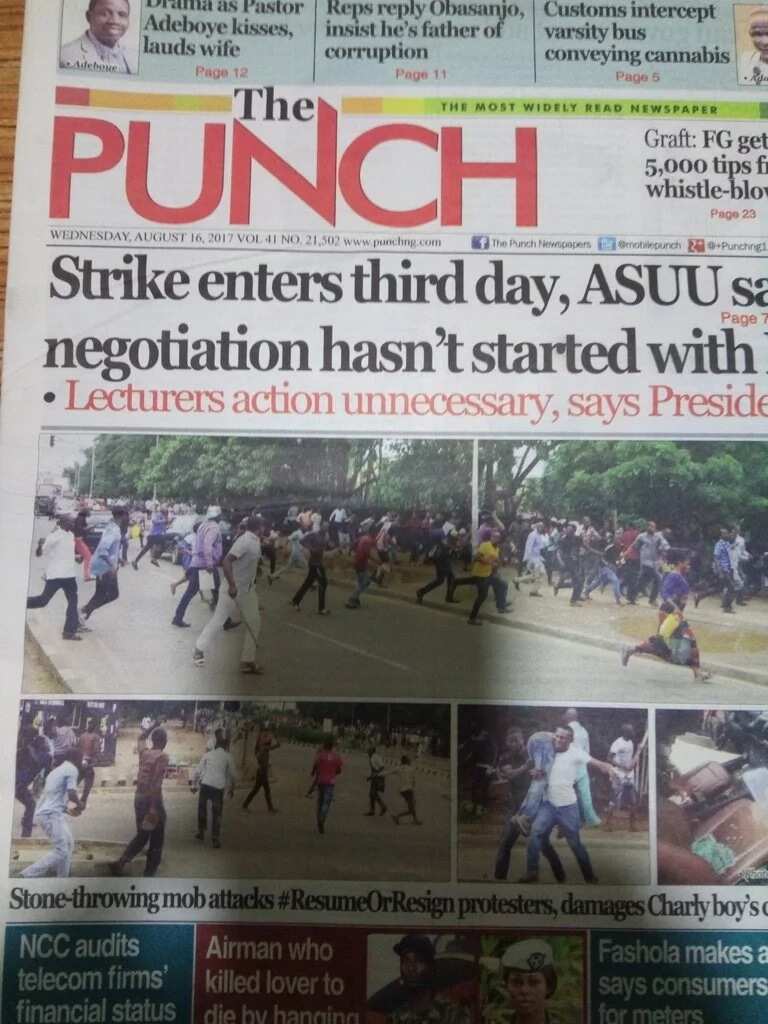 Front page of The Punch newspaper, Wednesday August 16. Photo credit: Legit.ng screenshot Front page of The Punch newspaper, Wednesday August 16. Photo credit: Legit.ng screenshot