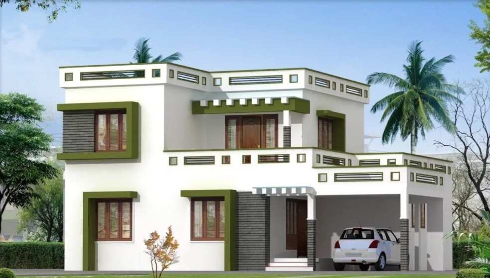 Simple Home Parapet Design Photos Homelooker 26×30 ft home designs 3d double story house plan and elevation white, yellow, blue and grey color parapet wall glass work with color and tiles. simple home parapet design photos