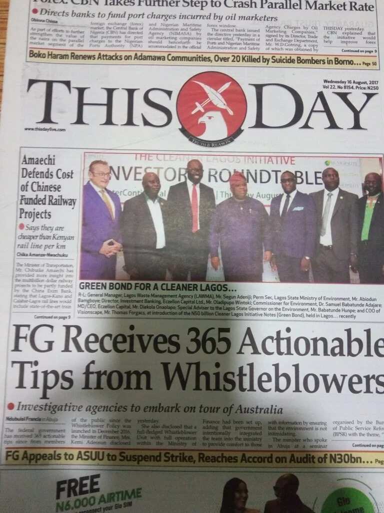Front page of Thisday newspaper, Wednesday August 16. Photo credit: Legit.ng screenshot