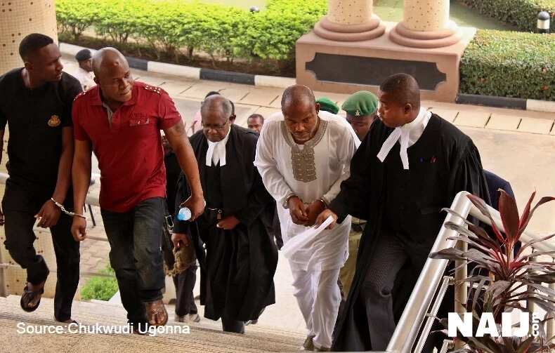 Photos: Kanu in court, refuses to let his handcuffs be removed