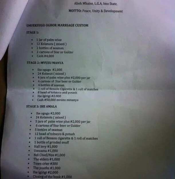 Bride price list (page 1)
Source: Facebook, Gistreel