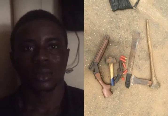 Nurudeen and some of the weapons found on him.