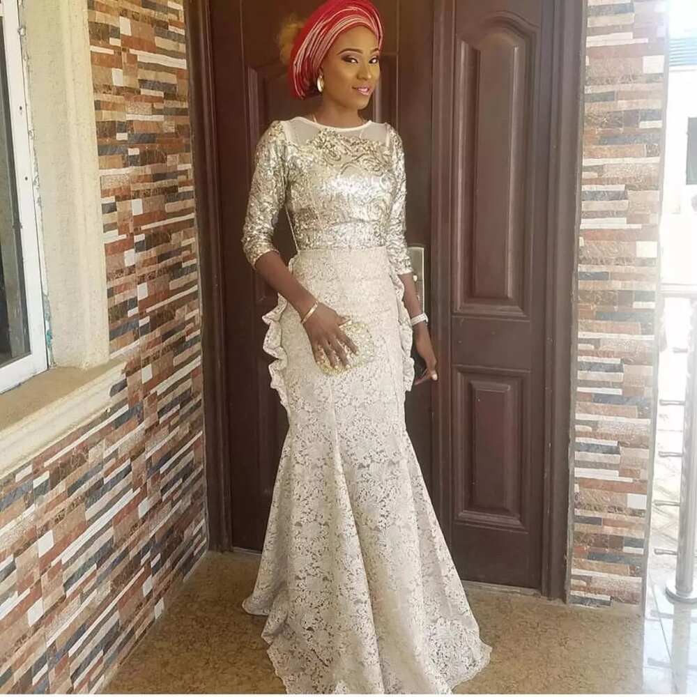 Aso Ebi cord lace styles combined with other fabric