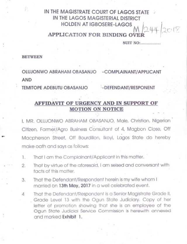 One year after their wedding, Olusegun Obasanjo’s son drags wife to court over domestic violence - Court documents reveal