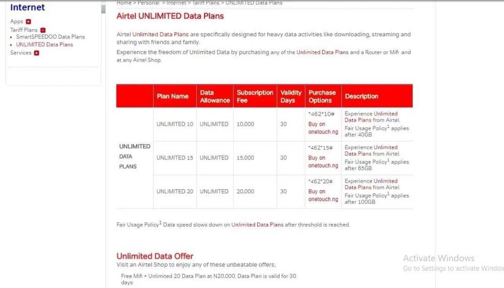 Airtel unlimited internet plans