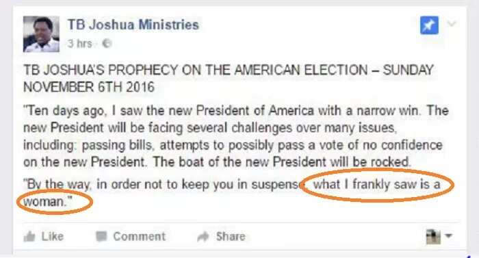 Nigerians blast TB Joshua over US election prediction