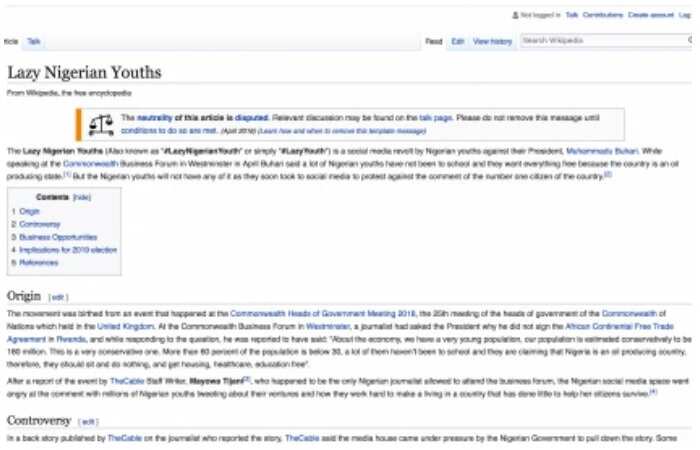 Lazy Nigerian Youths gets Wikipedia page