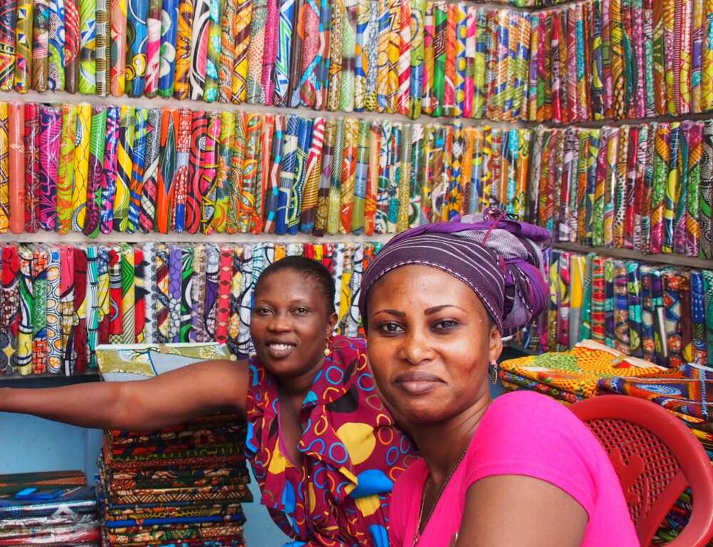 Women selling African printed fabrics, Ankara in the market