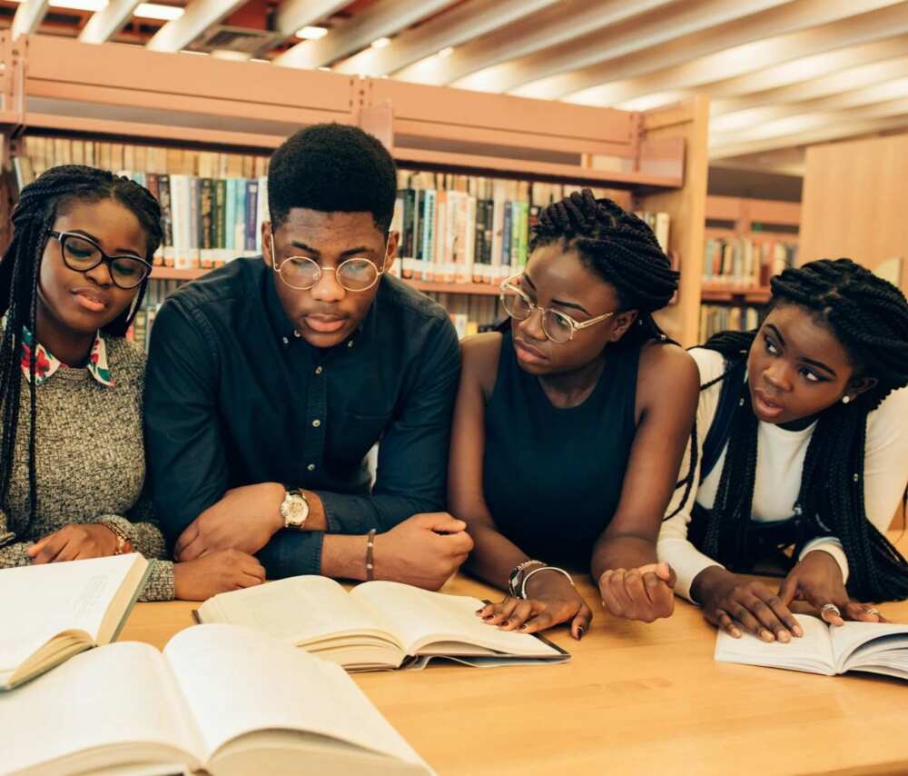 students in library