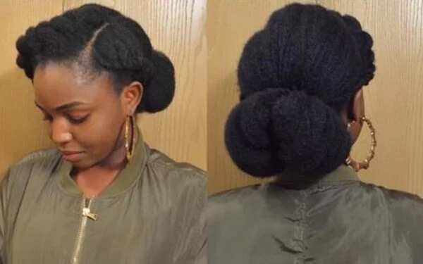 Low chunky bun with twisted braid