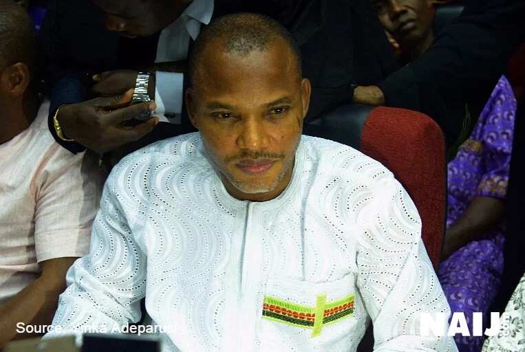 Photos: Nnamdi Kanu wears Biafra attire to court