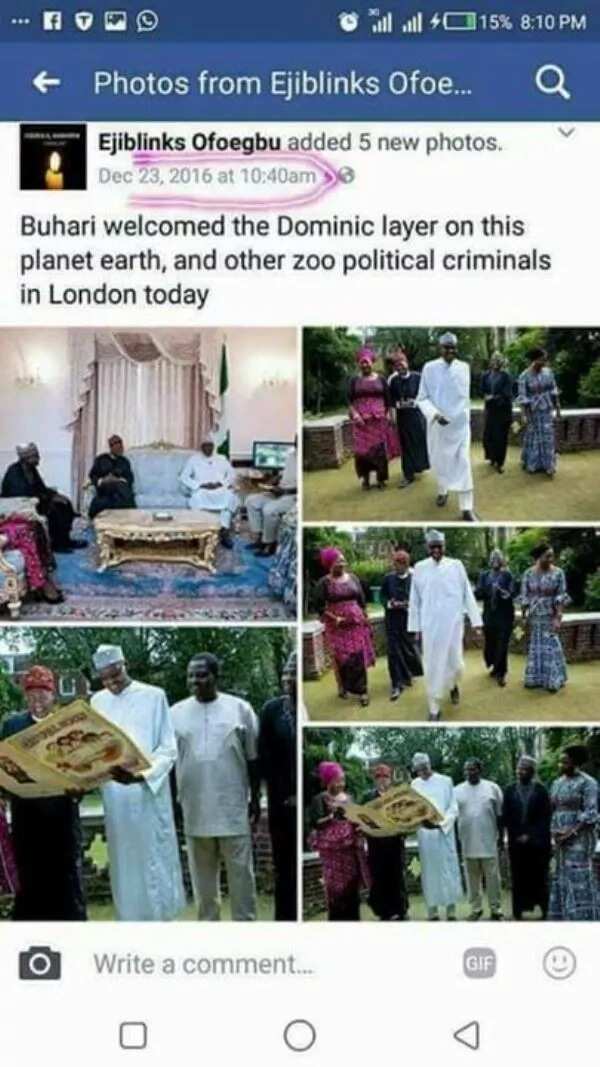 Ofoegbu's Facebook post claiming the pictures were taken in December 2016. Ofoegbu's Facebook post claiming the pictures were taken in December 2016.