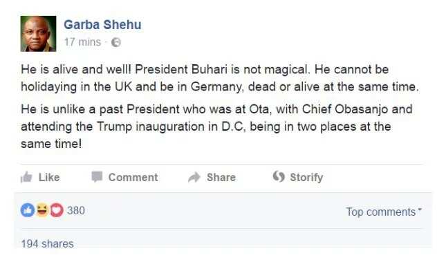 Buhari is alive - Presidency debunks death rumour