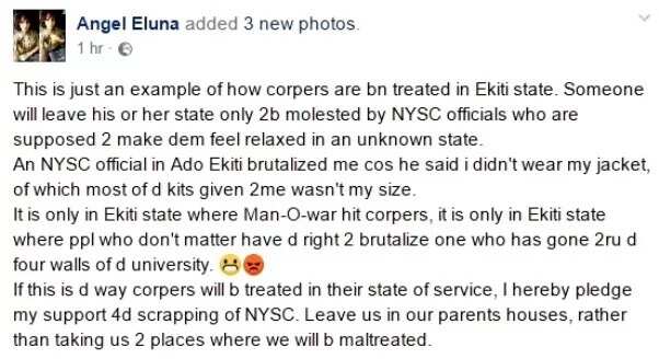 How an NYSC official brutalized me for not wearing my jacket – Female corp member cries out (photos)