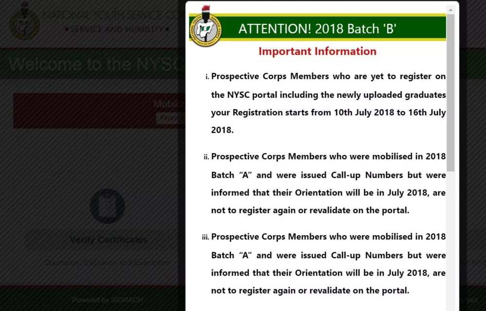 Nigeria NYSC 2018 batch B registration date
