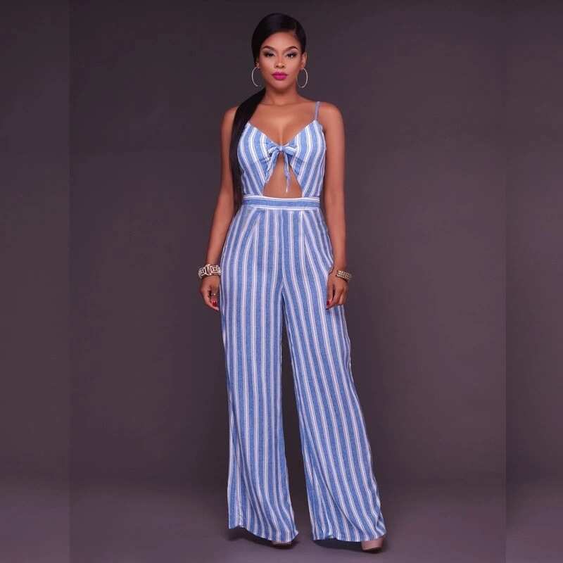 Blue and white jumpsuit with a top